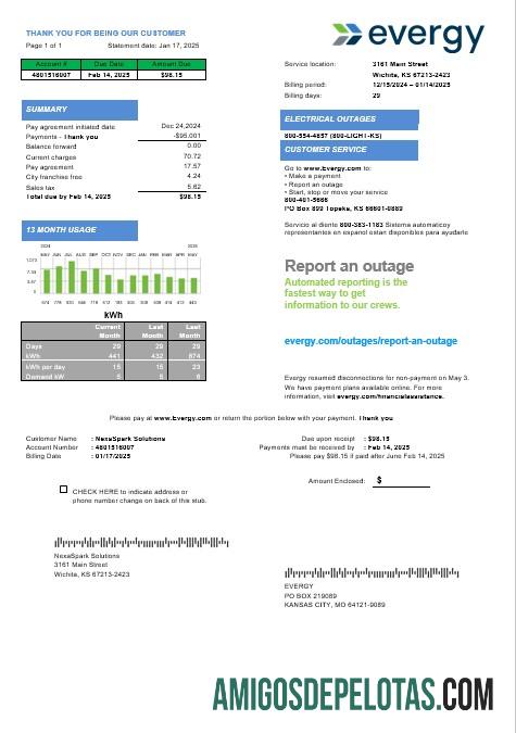 Em branco modelo de conta de serviços públicos de eletricidade dos EUA Missouri Evergy nos formatos .doc e .pdf